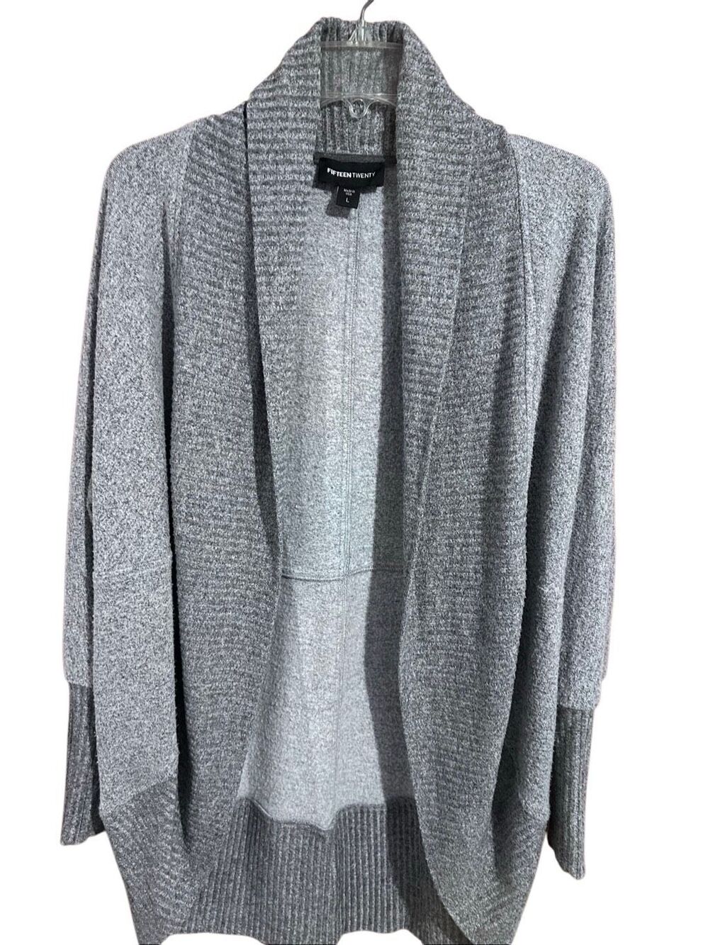 Fifteen Twenty Sz L Open Front Cardigan Gray Ribbed Cowl Neck Dolman Made in USA